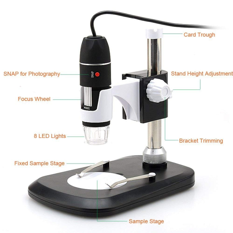 DMS-MDS800 Lupa 40X-800X Sensor de imagen de 2.0MP Microscopio digital USB con 8 LED y soporte profesional, 40X-800X
