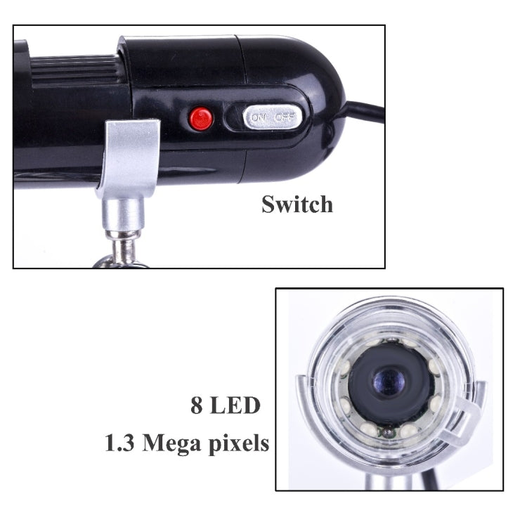 Microscopio digital USB de 1,3 megapíxeles 200x con luz blanca de 8 LED, 200X