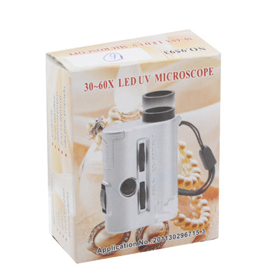 Microscopio de bolsillo 30X-60X con 2 luces LED/luz detectora de dinero, 30X-60X