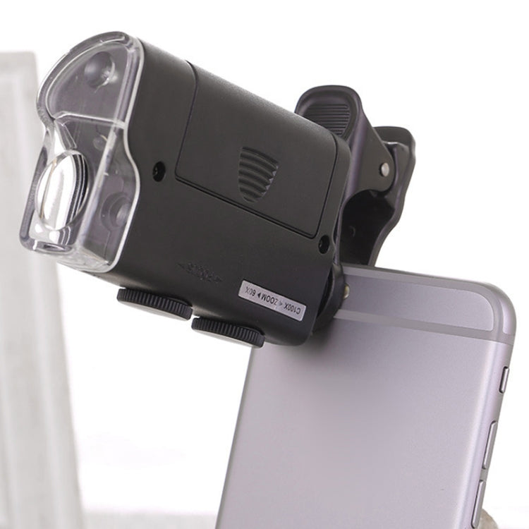 60X-100X veces teléfono microscopio Clip lupa de joyería con luz LED, 60X-100X Clip