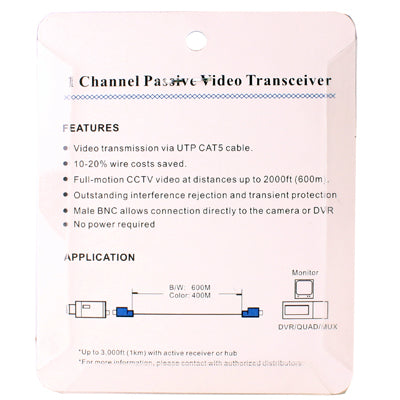 Transceptor-receptor UTP BNC Cat5 Balun de vídeo pasivo de 2 uds y 1 canal, X202E