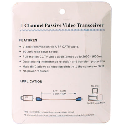 Transceptor balun de vídeo en red BNC pasivo de 1 canal, X202P-C