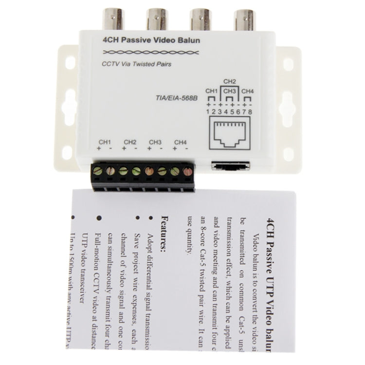 Video Balun UTP Pasivo de 4 Canales / CCTV Vía Pares Trenzados, UTP Video Balun