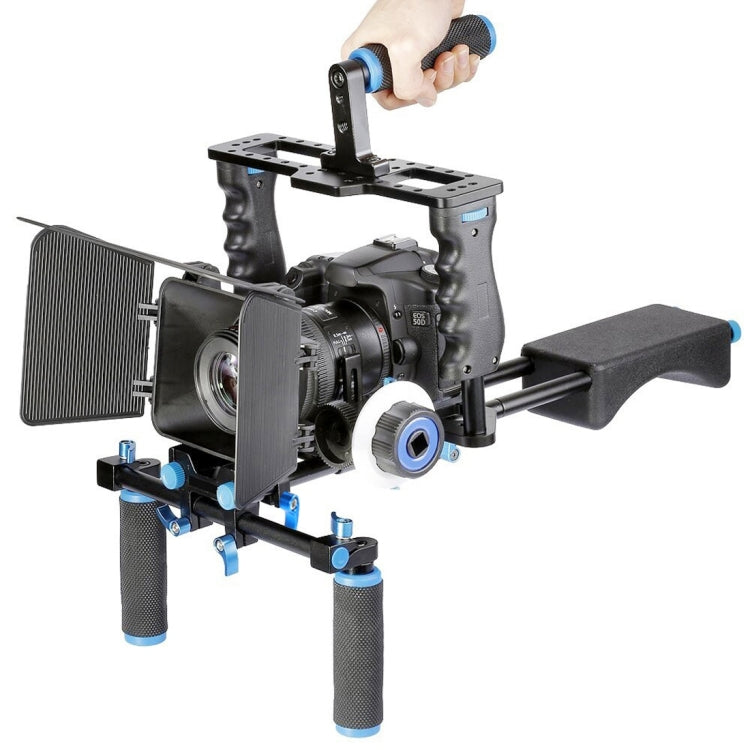 YELANGU YLG1103A-A Soporte de hombro para cámara con dos asas + Kit estabilizador de jaula para cámara con caja mate para cámara DSLR/cámara de vídeo