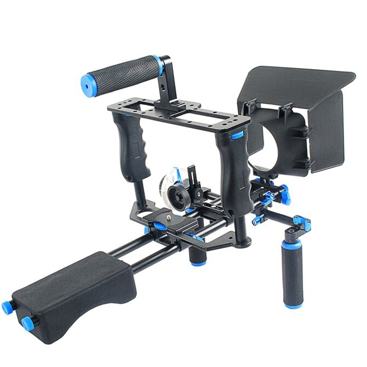 YELANGU YLG1103A-A Soporte de hombro para cámara con dos asas + Kit estabilizador de jaula para cámara con caja mate para cámara DSLR/cámara de vídeo
