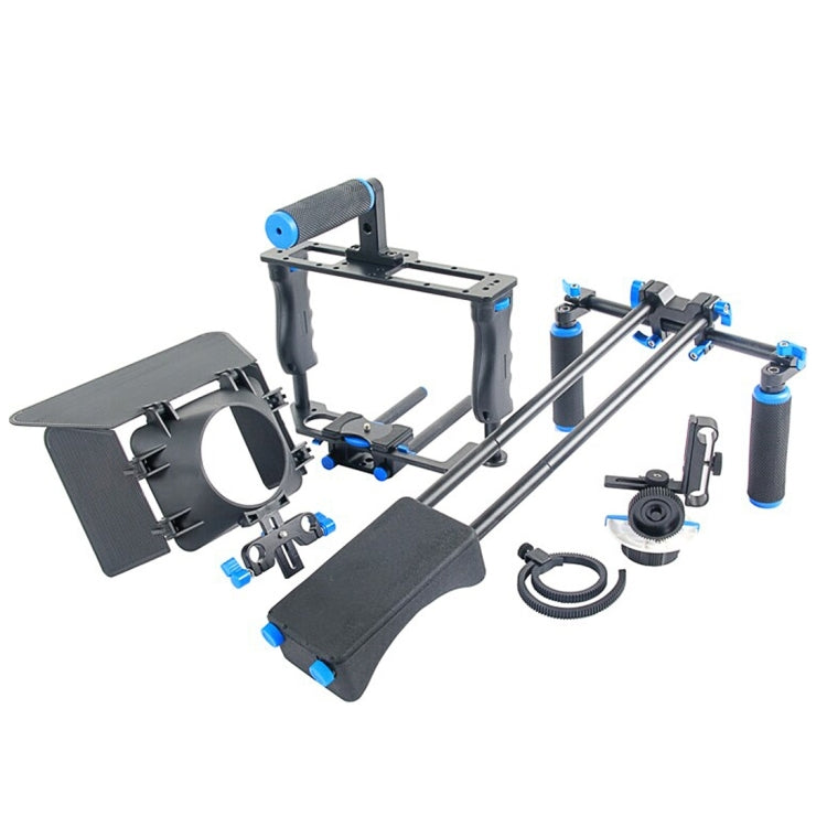 YELANGU YLG1103A-A Soporte de hombro para cámara con dos asas + Kit estabilizador de jaula para cámara con caja mate para cámara DSLR/cámara de vídeo