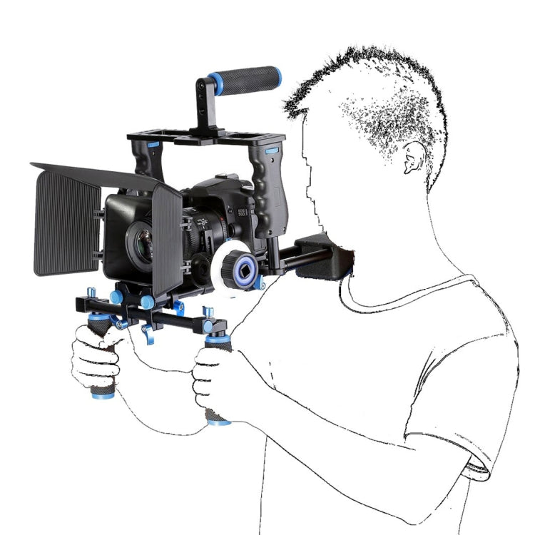 YELANGU YLG1103A-A Soporte de hombro para cámara con dos asas + Kit estabilizador de jaula para cámara con caja mate para cámara DSLR/cámara de vídeo
