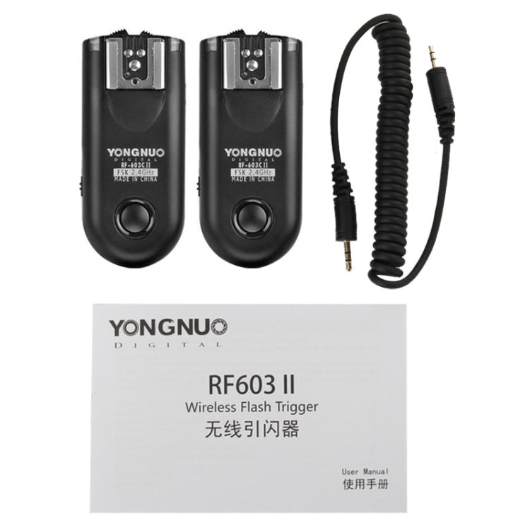 2 PCS YONGNUO RF603C II FSK 2.4GHz Disparador de flash inalámbrico con cable de conexión de obturador C1, RF603C II