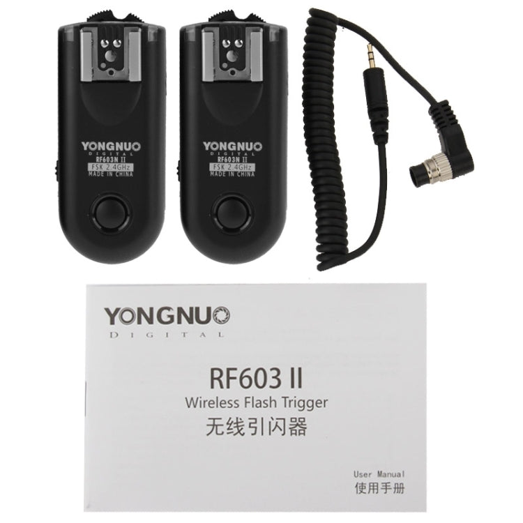 2 PCS YONGNUO RF603N II FSK 2.4GHz Disparador de flash inalámbrico con cable de conexión de obturador N1, RF603N II
