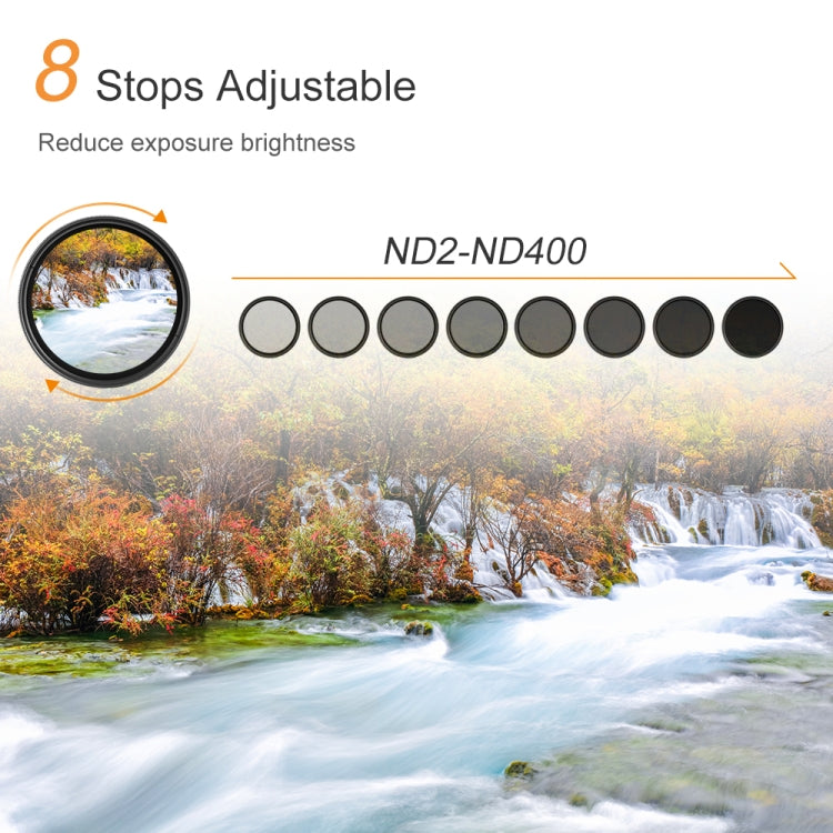 Filtro variable ajustable de densidad neutra atenuador ND de 77 mm Filtro ND 2 a ND 400, 77mm