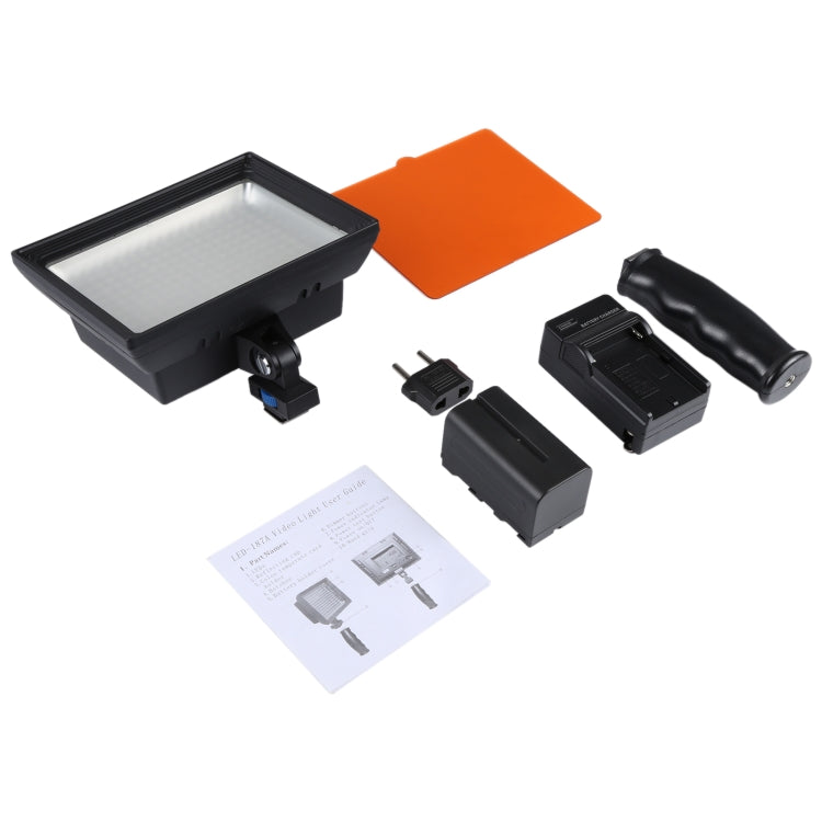 LED-187A 187 Luz de vídeo LED para cámara/videocámara y batería de iones de litio Sony NP-F770 de 7,4 V 4400 mAh y con hojas suaves y filtros amarillos, 187 LED with NP-F770