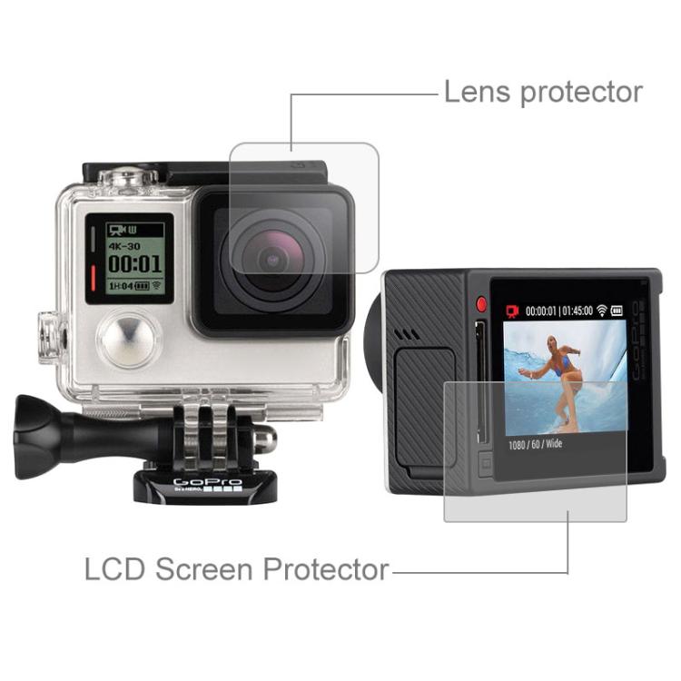 Protector de pantalla LCD ultra transparente + película protectora de lente de vidrio para cámara GoPro HERO4 Silver, HERO4 Silver