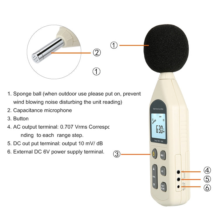 Medidor de nivel de sonido digital (rango: 30 dB ~ 130 dB)
