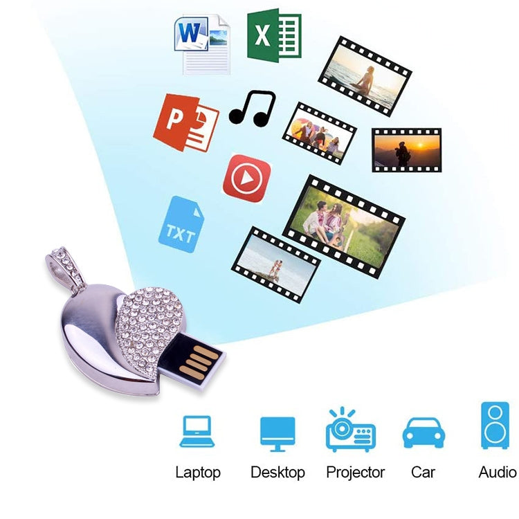 Disco flash USB en forma de corazón de plata de joyería de diamantes, especial para regalos del día de San Valentín, 2GB, 4GB, 8GB, 16GB, 32GB