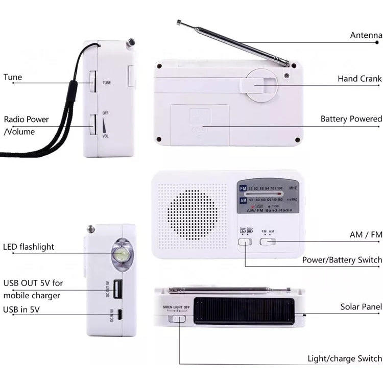Linterna LED multifunción con energía solar/dinamo con manivela, radio AM/FM y cargador de teléfono móvil, RD369
