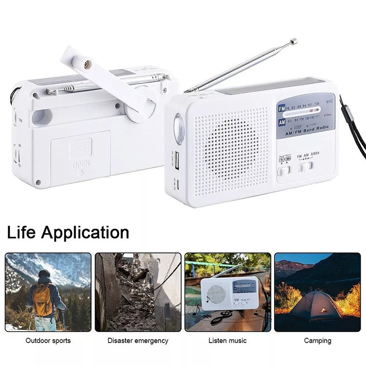 Linterna LED multifunción con energía solar/dinamo con manivela, radio AM/FM y cargador de teléfono móvil, RD369