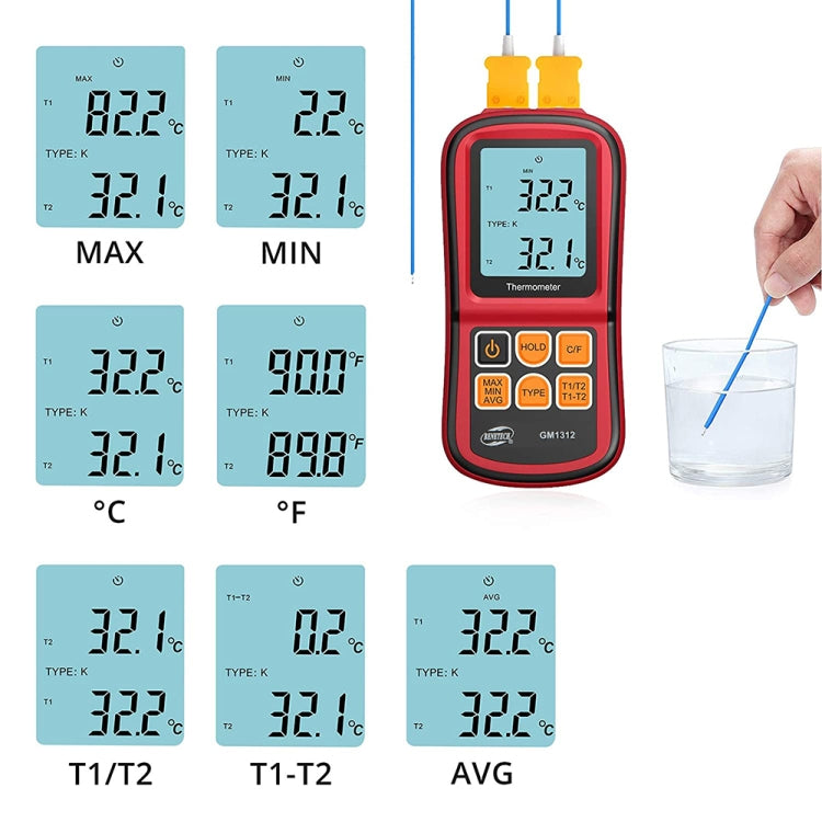 BENETECH GM1312 Termómetro termopar con pantalla LCD de 2,4 pulgadas Medida tipo J, K, T, E, N y R, rango de medida: -50 ~ 300C