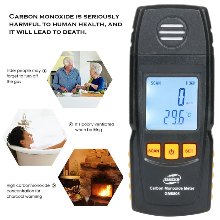 BENETECH GM8805 Pantalla LCD Probador de medidor detector de monitor de CO de monóxido de carbono portátil, rango de medida: 0-1000 ppm