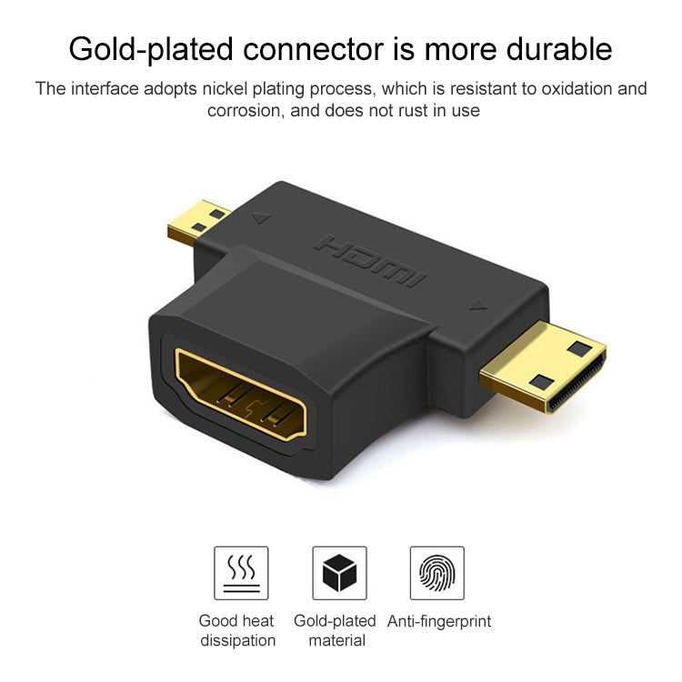 Adaptador HDMI hembra 3 en 1 a Mini HDMI macho + Micro HDMI macho, HDMI Female to Mini HDMI+Micro HDMI