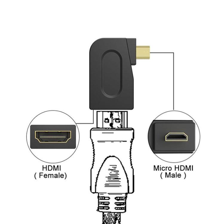 Adaptador macho HDMI micro chapado en oro a HDMI hembra de 19 pines con ángulo de 90 grados, Micro HDMI to HDMI