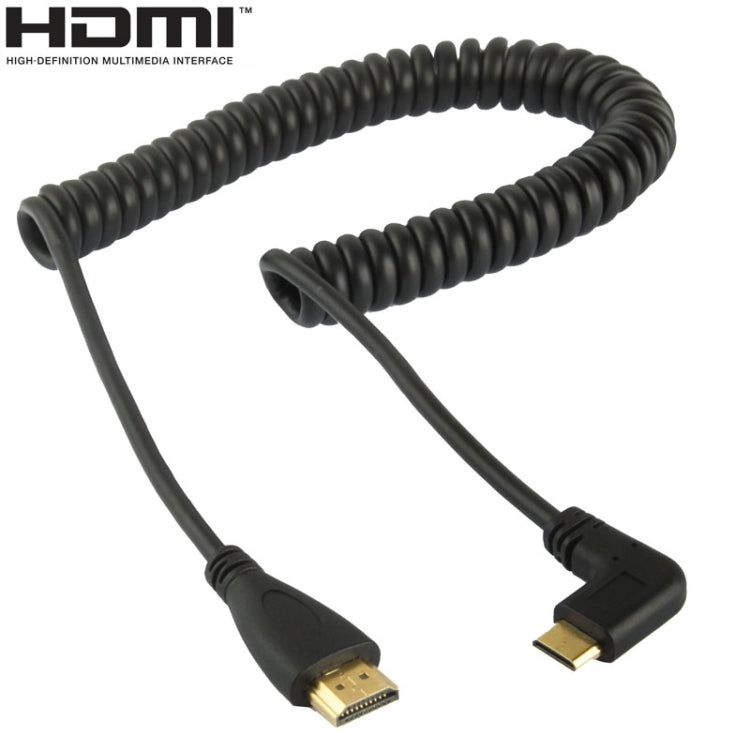 Versión 1.4 Mini HDMI macho chapado en oro a cable en espiral macho HDMI, compatible con 3D / Ethernet, longitud: 0,6 m-2 m, Right Angle Mini HDMI to HDMI AM