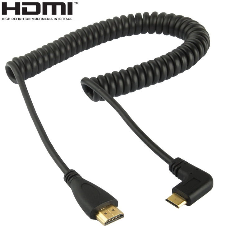 Versión 1.4 Mini HDMI macho chapado en oro a cable en espiral macho HDMI, compatible con 3D / Ethernet, longitud: 0,6 m-2 m, Right Angle Mini HDMI to HDMI AM