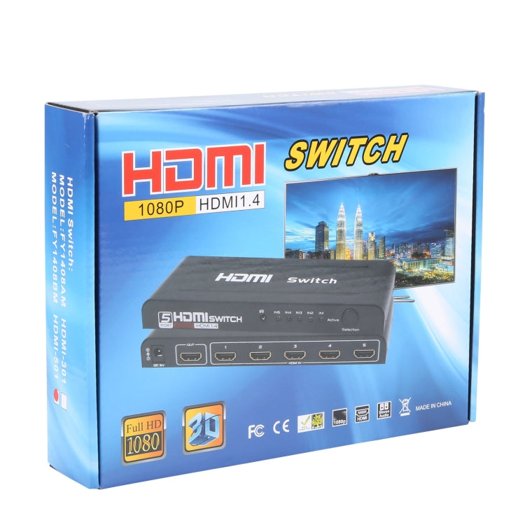Conmutador HDMI Full HD 1080P de 5 puertos con control remoto e indicador LED, With LED Indicator