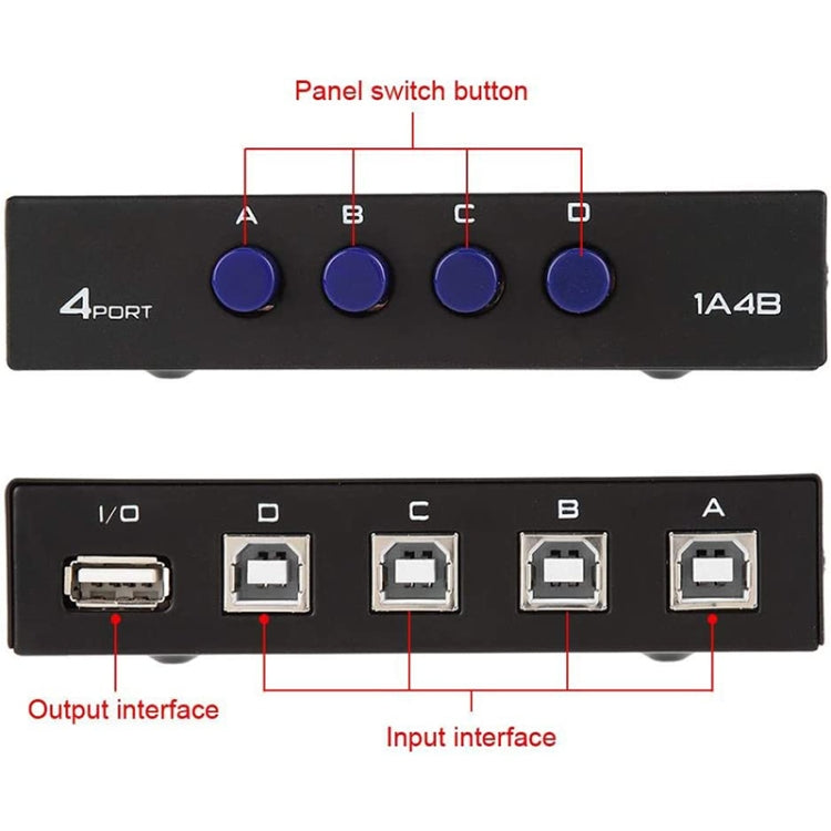 FENGJIE FJ-IA4B-C 4 puertos USB 2.0 de alta velocidad Conmutador de pulsación de teclas Caja de interruptor compartido para computadora PC Escáner Impresora, FENGJIE FJ-IA4B-C