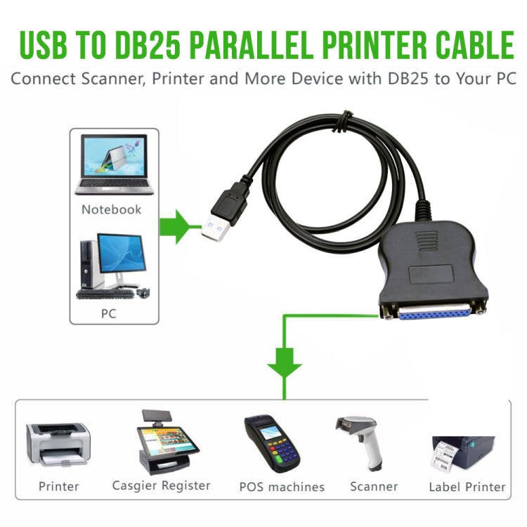 Cable convertidor de impresión de puerto hembra USB 2.0 a DB25 de 25 pines, USB to DB25 Female (Black)