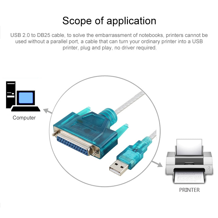 Cable USB 2.0 a DB25 Pin hembra, longitud: 1,5 m, USB to DB25 Female (Blue)
