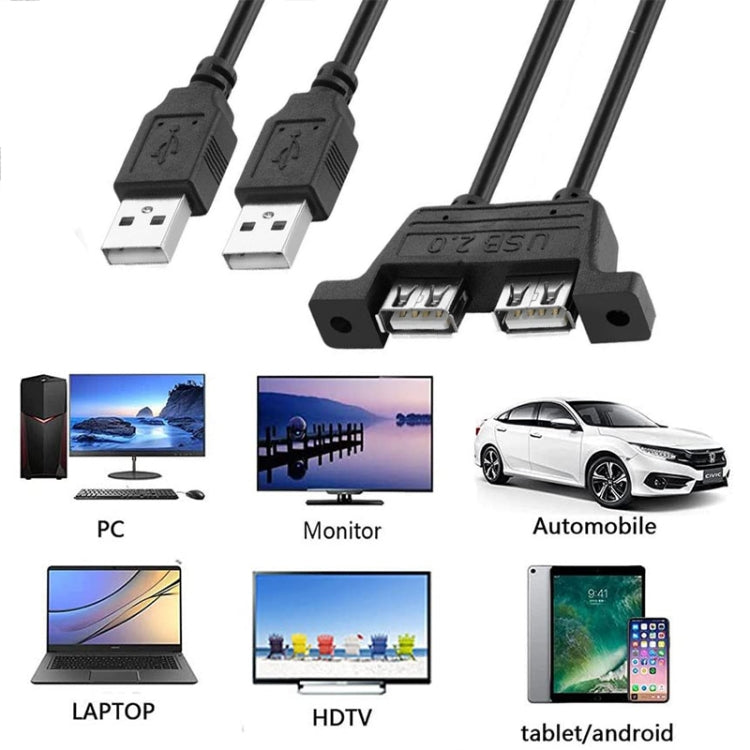 Cable de extensión de 2 USB 2.0 macho a USB 2.0 hembra de 2 puertos con 2 orificios para tornillos, longitud: 50 cm, 2 USB 2.0 AM to 2 USB AF