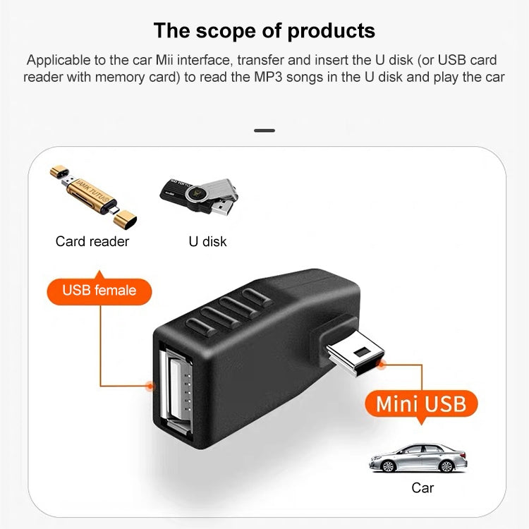 Adaptador Mini USB macho a USB 2.0 AF, compatible con función OTG, 90 Degree Left Angled, 90 Degree Right Angled