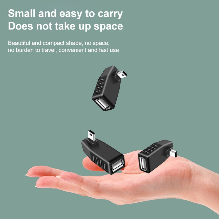 Adaptador Mini USB macho a USB 2.0 AF, compatible con función OTG, 90 Degree Left Angled, 90 Degree Right Angled
