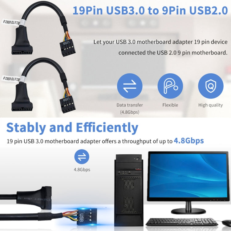 Cable adaptador macho de carcasa USB 2.0 de 9 pines hembra a USB 3.0 de 19 pines, longitud: 15 cm, 9 Pin Female to 19 Pin Male