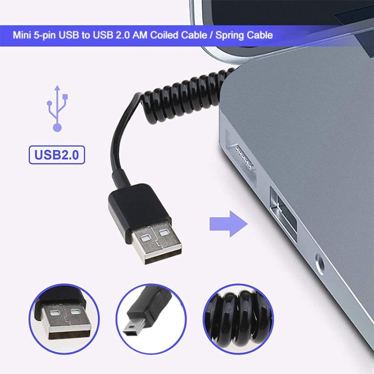 Cable en espiral / cable de resorte mini USB de 5 pines a USB 2.0 AM, longitud: 25 cm (se puede extender hasta 80 cm), Mini USB to USB AM, Length: 80cm