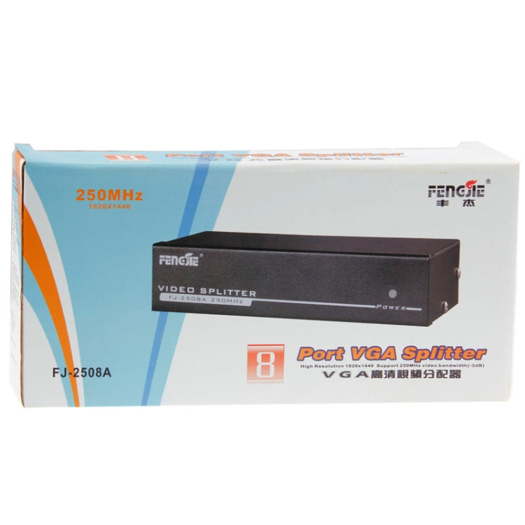 FJ-2508A Divisor de vídeo VGA de 8 puertos Soporte de alta resolución 1920 x 1440 Ancho de banda de vídeo de 250 MHz, 8 Ports Splitter Black