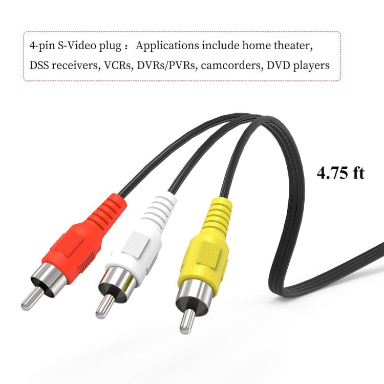 Adaptador convertidor de cable macho S-Video de 4 pines a 3 RCA AV TV, longitud: 1,5 M, S-Video to AV 3RCA Male