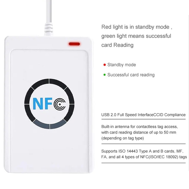 Lector de tarjetas inteligentes sin contacto ACR122 NFC RFID USB, velocidad de lectura y escritura de hasta 212 Kbps/242 Kbps