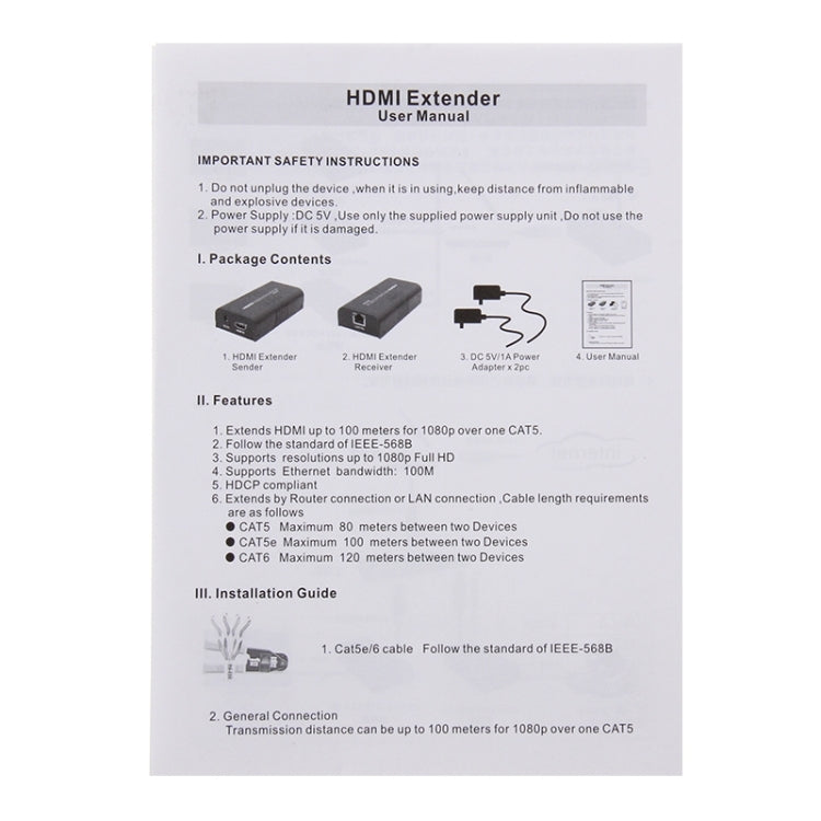 Extensor HDMI sobre un solo cable UTP CAT5e/6, Distancia de transmisión: 100 m, 100m
