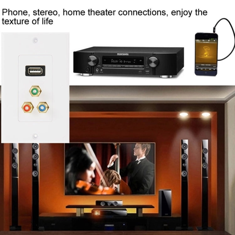 Enchufe USB 2.0 hembra + 3 enchufes RCA hembra Panel de placa de pared