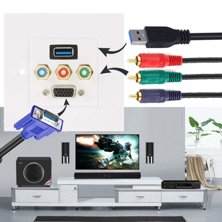 Enchufe hembra USB 3.0 + 3 enchufes RCA hembra + Panel de placa de pared con enchufe hembra VGA