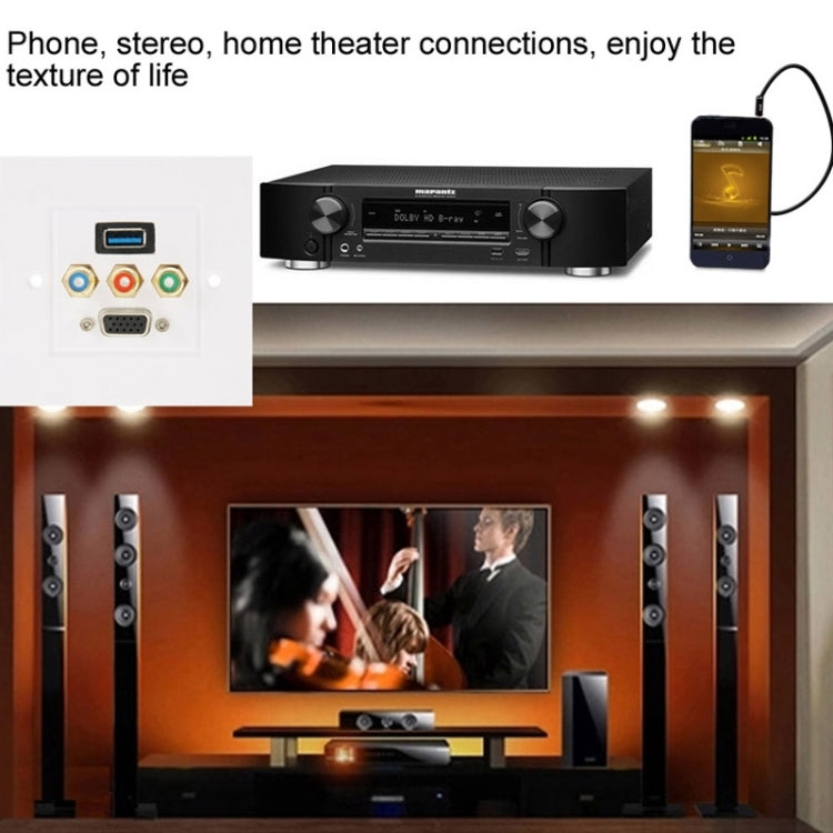 Enchufe hembra USB 3.0 + 3 enchufes RCA hembra + Panel de placa de pared con enchufe hembra VGA