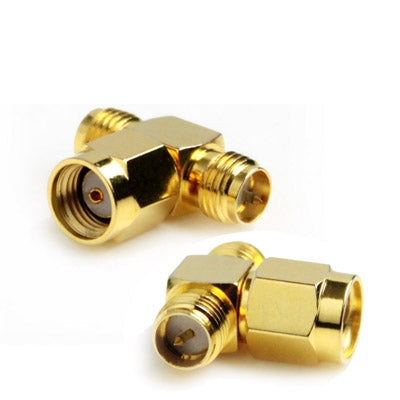 Adaptador RP-SMA macho a 2 RP-SMA hembra (tipo T), chapado en oro, RP-SMA Male to 2 RP-SMA Female