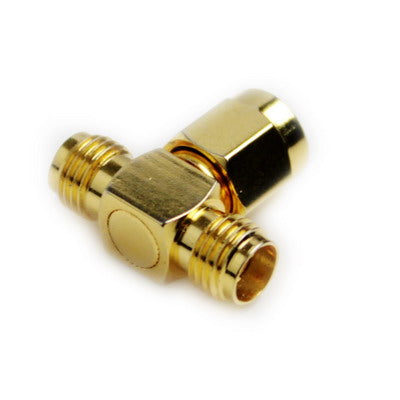 Adaptador RP-SMA macho a 2 RP-SMA hembra (tipo T), chapado en oro, RP-SMA Male to 2 RP-SMA Female