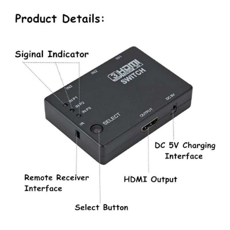 Conmutador Full HD 1080P 3D HDMI 3x1 con control remoto por infrarrojos, with IR Remote Control