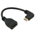 Cable mini HDMI macho chapado en oro de 16 cm a HDMI hembra de 19 pines, ángulo recto de 90 grados, Right Angle Mini HDMI to HDMI