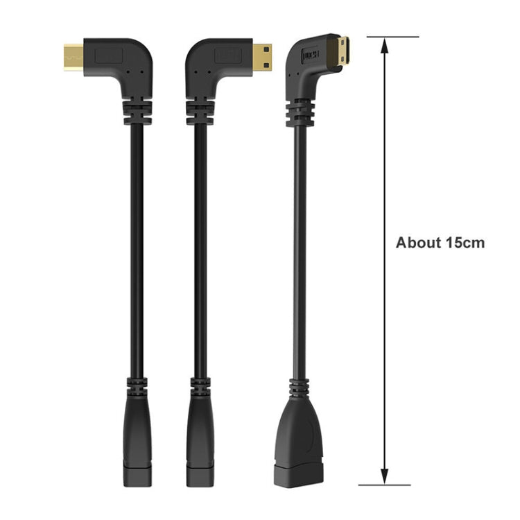 Cable mini HDMI macho chapado en oro de 16 cm a HDMI hembra de 19 pines, ángulo recto de 90 grados, Right Angle Mini HDMI to HDMI