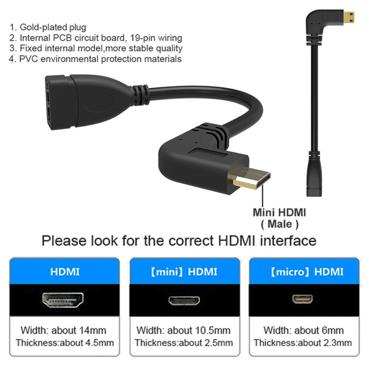 Cable mini HDMI macho chapado en oro de 16 cm a HDMI hembra de 19 pines, ángulo recto de 90 grados, Right Angle Mini HDMI to HDMI