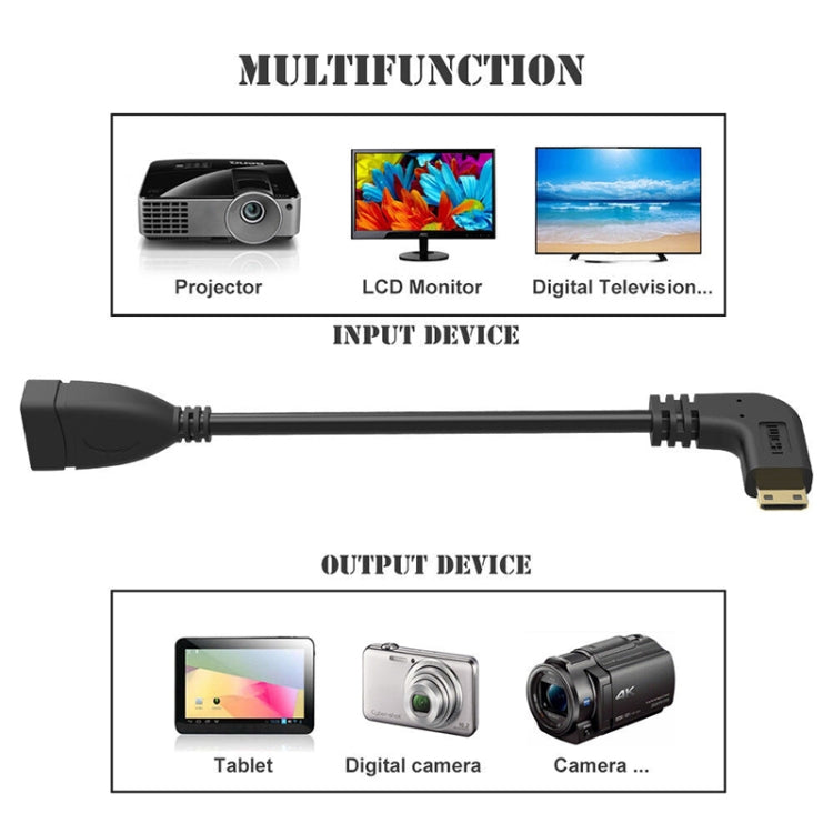 Cable mini HDMI macho chapado en oro de 16 cm a HDMI hembra de 19 pines, ángulo recto de 90 grados, Right Angle Mini HDMI to HDMI