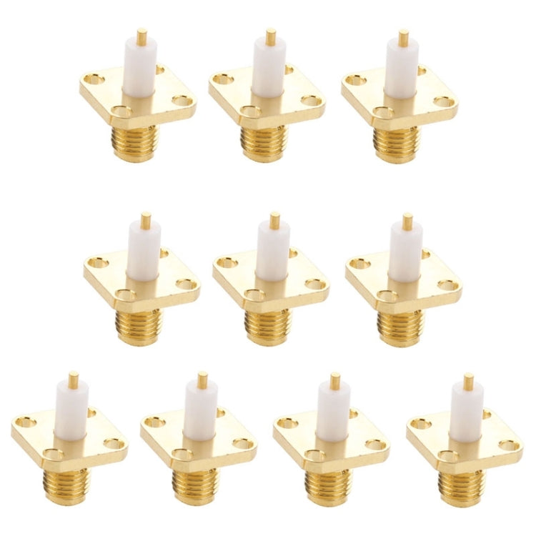 10 Uds. Adaptador de conector de soldadura dieléctrico extendido de montaje en Panel de chasis SMA hembra chapado en oro de 4 agujeros, SMA Female 4 Holes